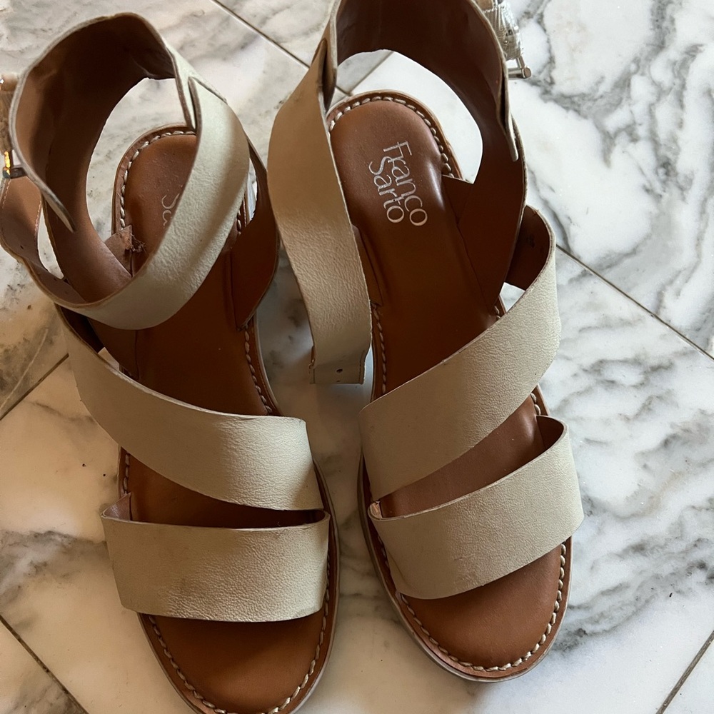 Bone color sandals, leathered upper with strap1.5” heel.